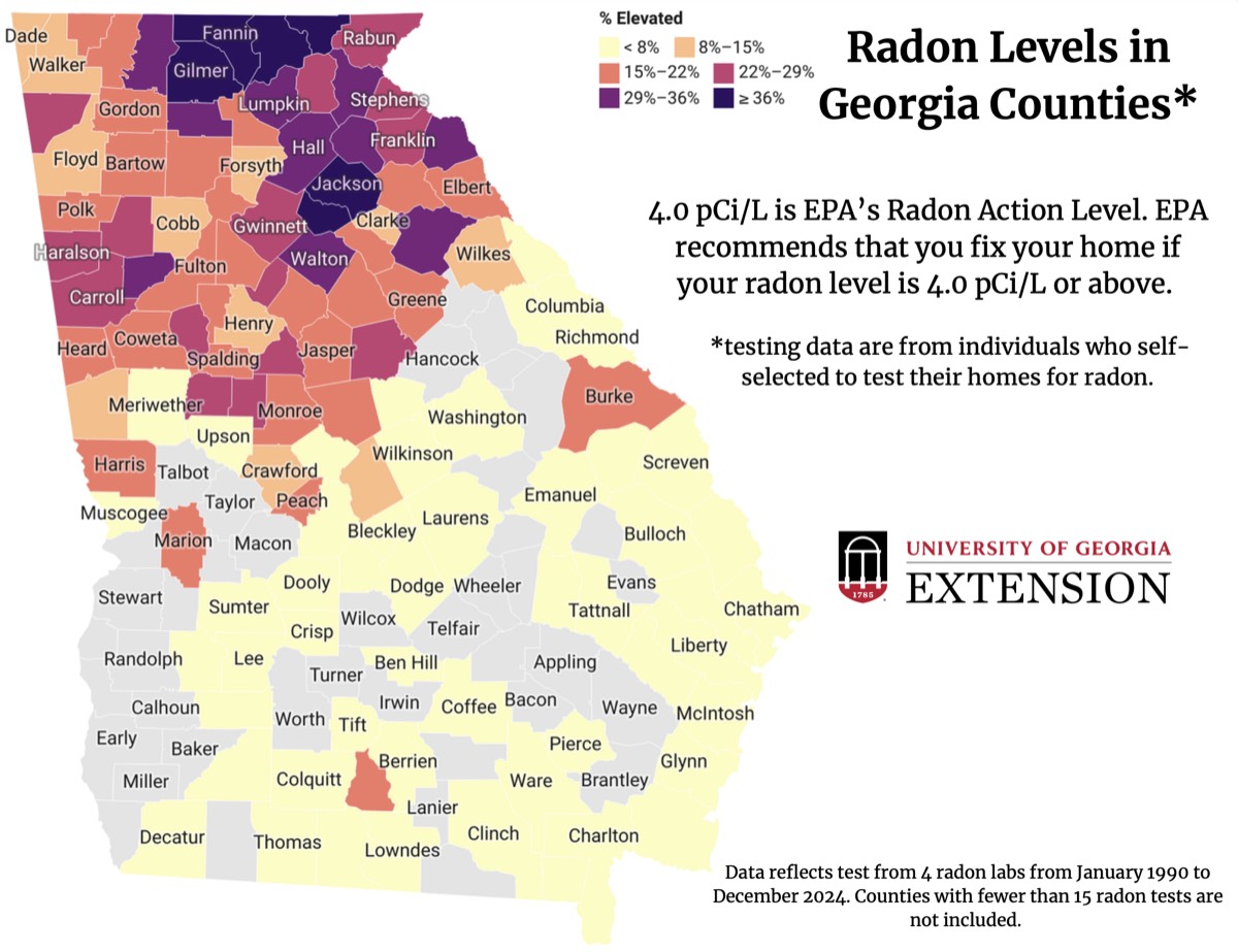 Georgia county radon risk map showing levels by county